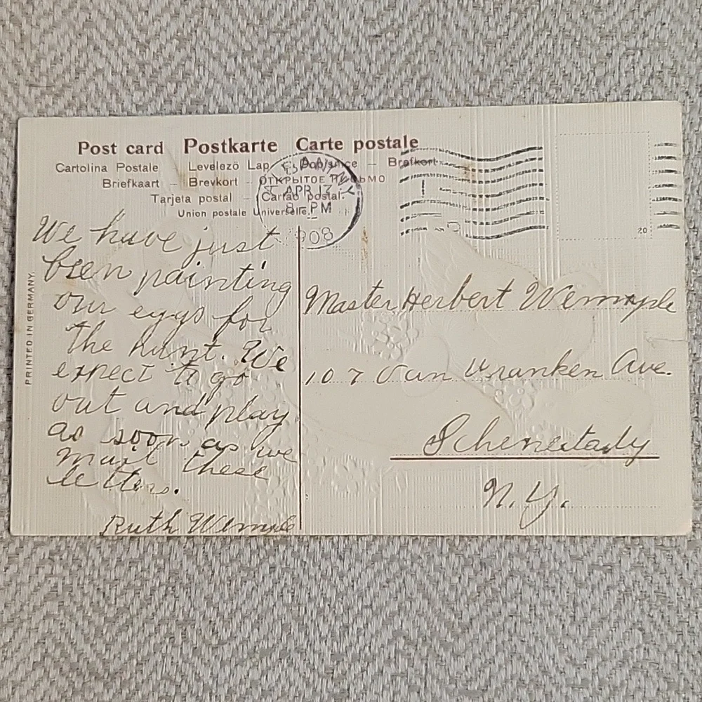 1908 GERMAN Easter Greeting Embossed Post Card with Bizarre Rabbit and Chickens
